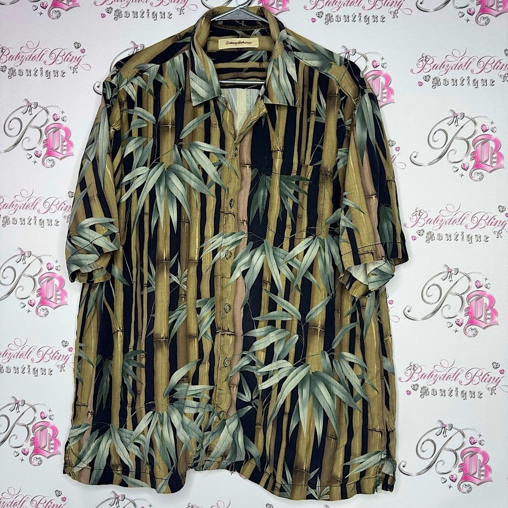 Tommy bahama button up shirt bamboo leaf trees tropical tiki vacation top tee